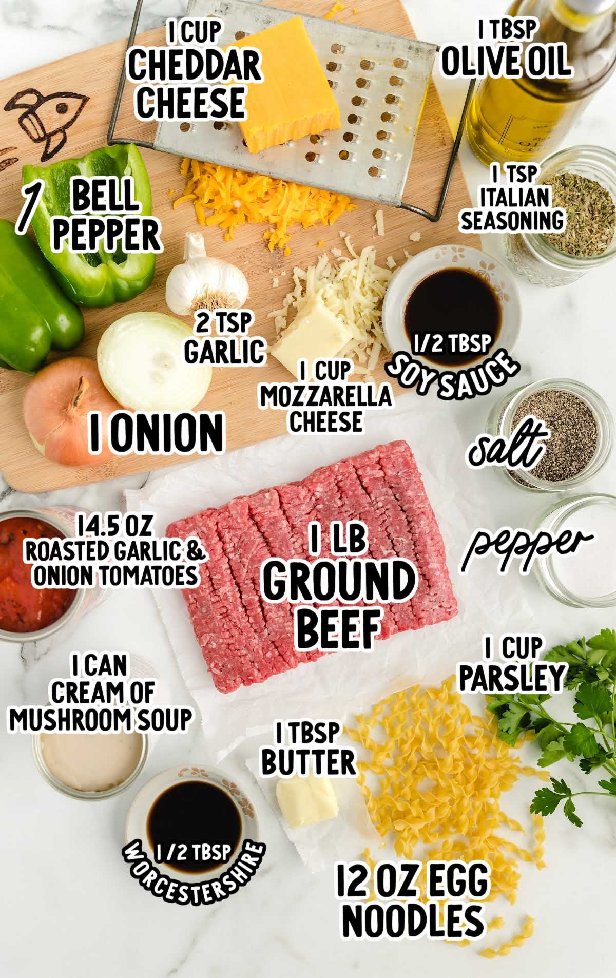 Beef and Noodle Casserole raw ingredients that are labeled