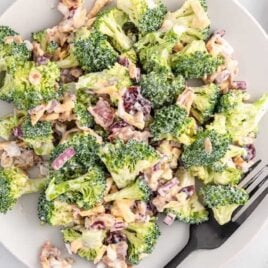 overhead shot of Broccoli Salad in a plate with a fork