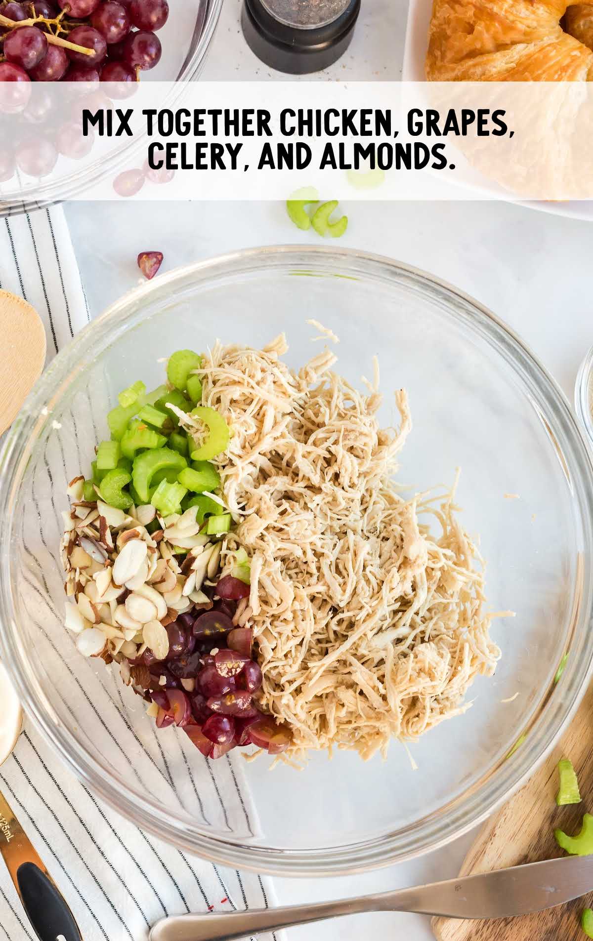 chicken, grapes, celery, and almonds in a bowl