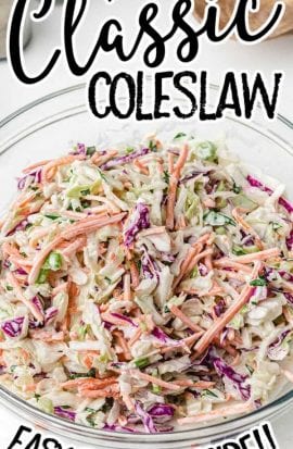 close up shot classic coleslaw topped with homemade salad dressing in a large bowl