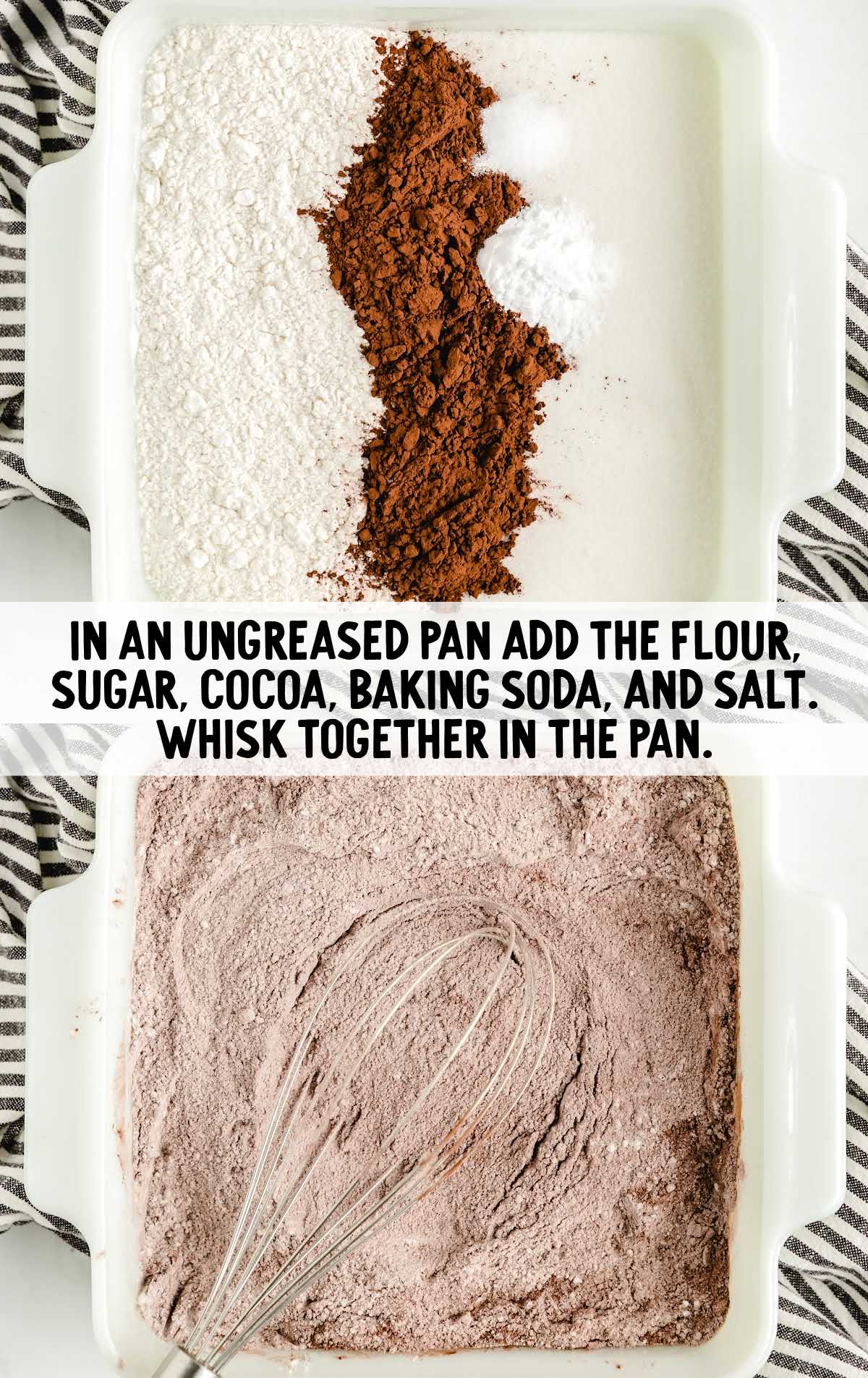 flour, sugar, cocoa, baking soda, and salt whisked together
