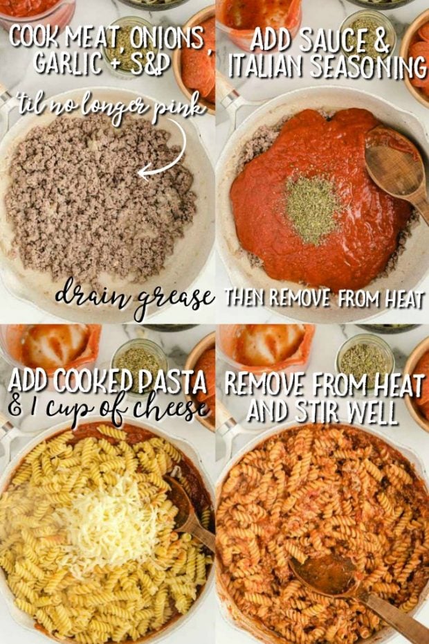four photos showing how to make pizza casserole