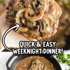 close up shot of Hamburger Steak on a wooden spoon and close up overhead shot of a skillet of Hamburger Steak garnished with parsley