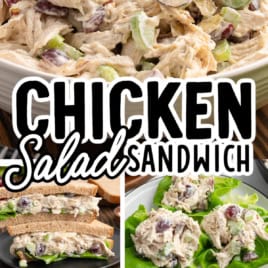 A vibrant collage showcases Chicken Salad Sandwich with grapes and celery, served in a bowl, on croissants, bread slices, and lettuce leaves. Bold text highlights Chicken Salad Sandwich for a fresh and appetizing presentation.