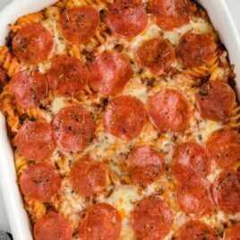 overhead shot of a baking dish of pizza casserole