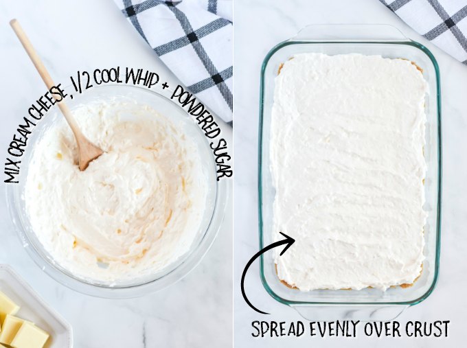 Two photos showing how to mix cream cheese and cool whip for layered blueberry delight