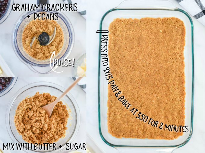 3 photos showing how to make a graham cracker crust with a food processor