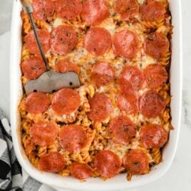 close up overhead shot of a baking dish of pizza casserole