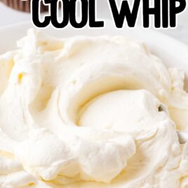 close up shot of a bowl of stabilized whipped cream with a spoon
