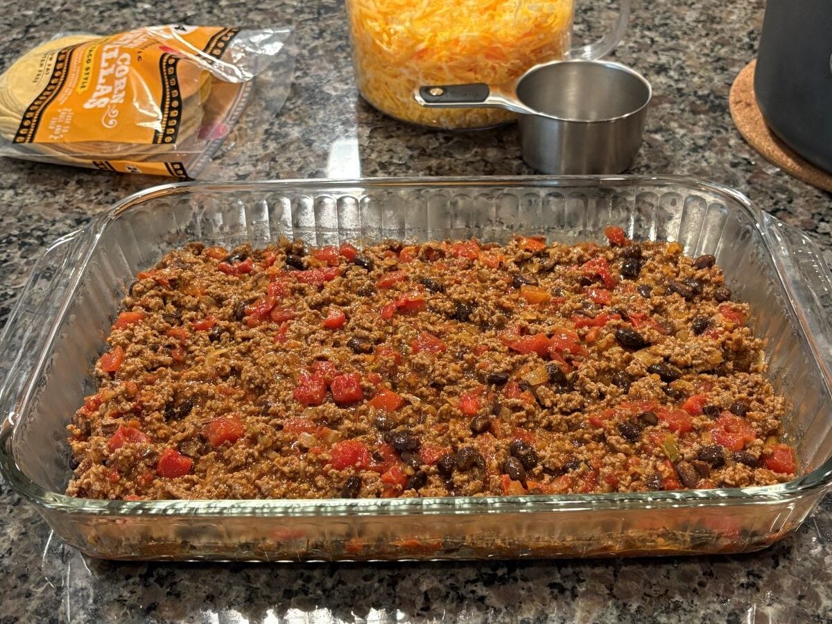 ground beef mixture in a baking dish