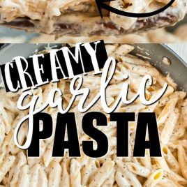 creamy garlic pasta in two photos
