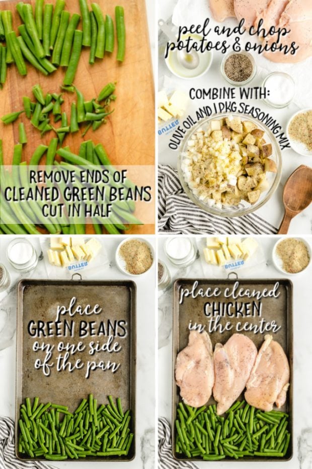 A bunch of food on a plate, with Chicken and Sheet pan