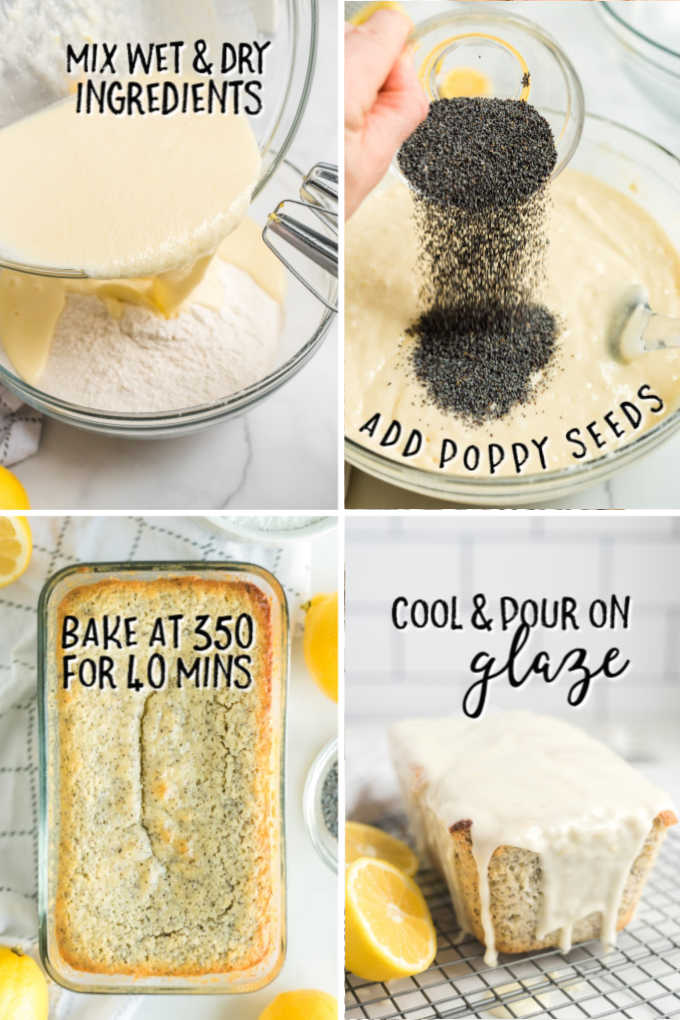4 visual steps for making lemon poppy seed bread with directions