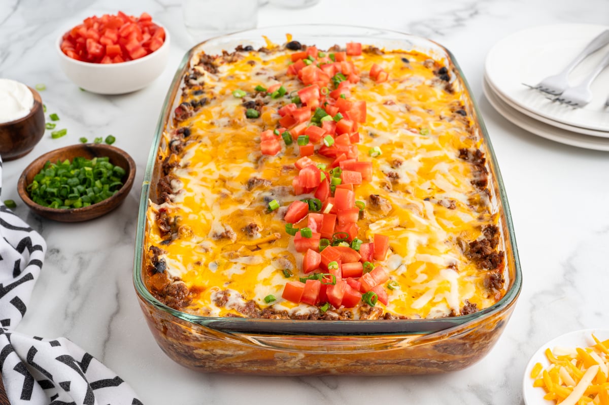 Mexican casserole out of the oven before it has been sliced
