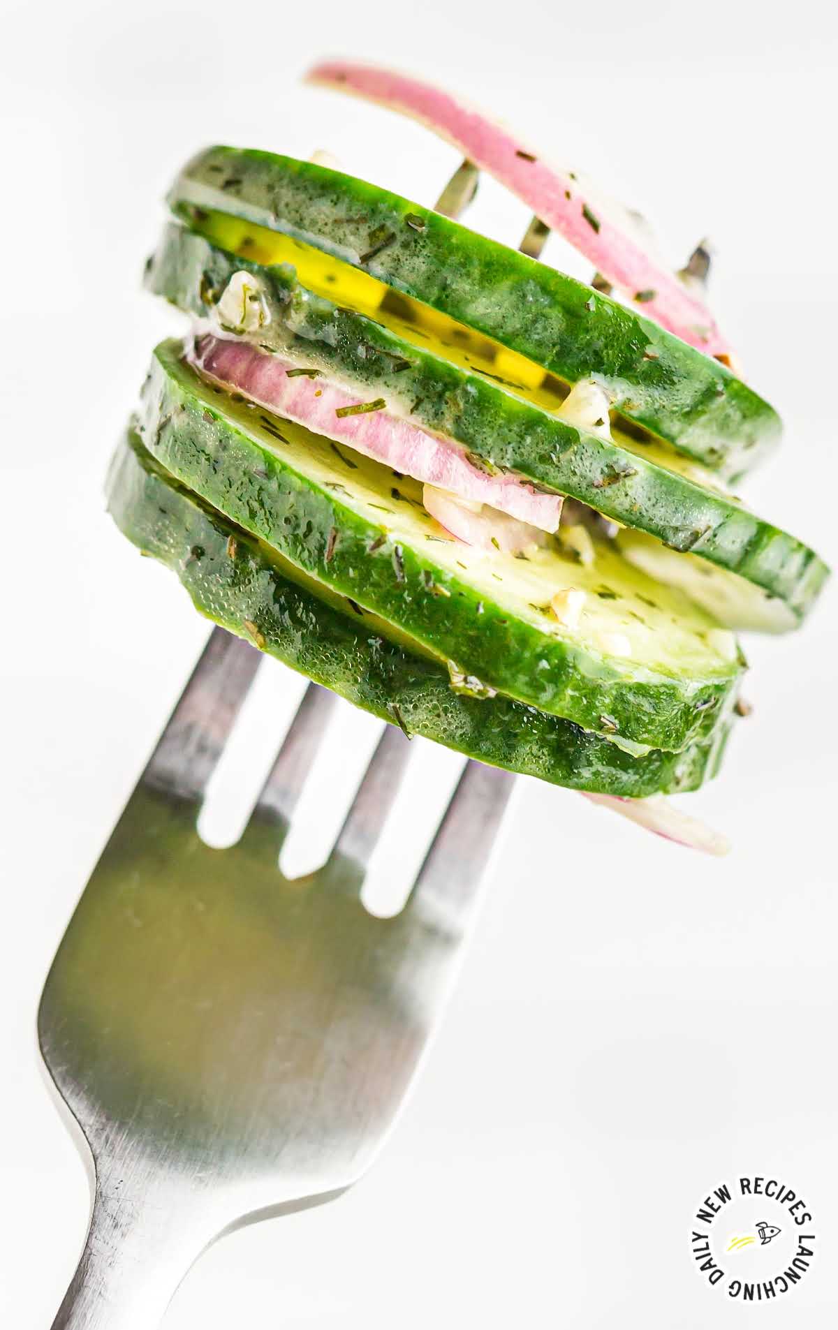 close up shot of a fork with a piece of Cucumber salad