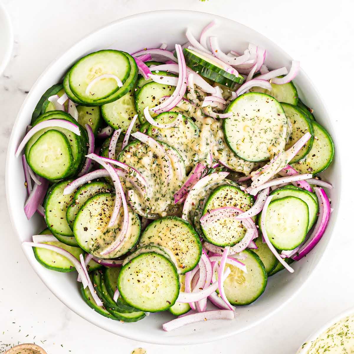 overhead shot of Cucumber Salad in a bowl