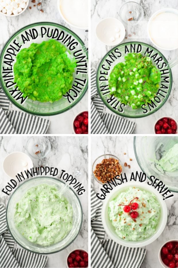 Many different types of food on a plate, with Watergate salad
