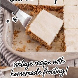 close up shot of oatmeal cake in a baking dish with a slice being removed with a spatula and close up shot of a slice of oatmeal cake on a plate