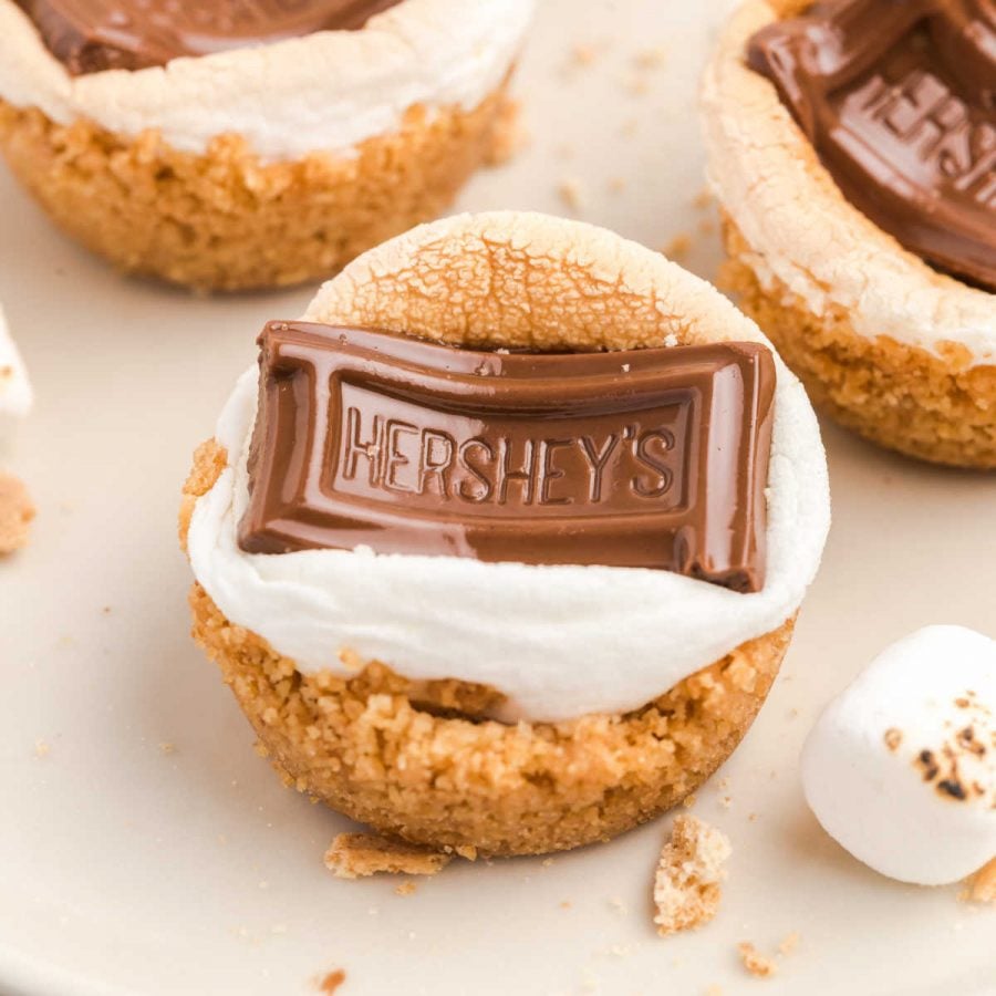 close up shot of s'mores bites topped with s'mores and a piece of Hershey's