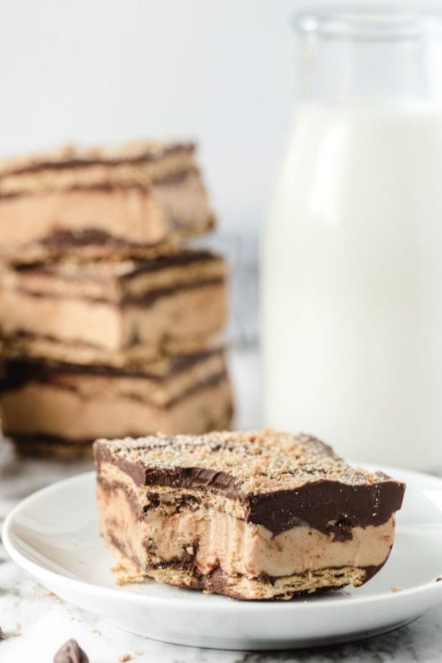 A piece of cake on a plate, with Butter and Chocolate