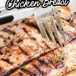 close up shot of a Grilled Chicken Breast with a fork in it