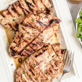 close up overhead shot of sliced Grilled Chicken Breast