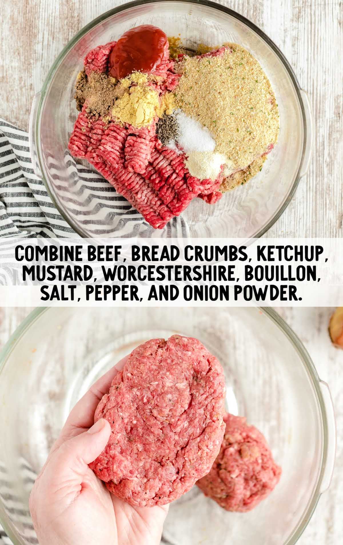beef, breadcrumbs, ketchup, mustard, Worcestershire, bouillon, salt, pepper, and onion powder combined in a bowl