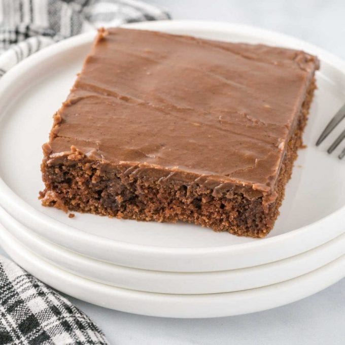 close up shot of a slice of texas sheet cake on a plate