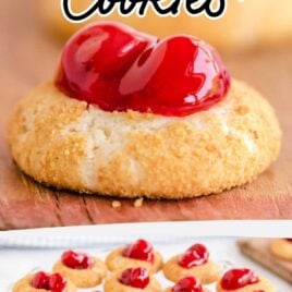 close up shot of Cherry Cheesecake Cookies on a wooden board and close up shot of Cherry Cheesecake Cookies on a serving plate