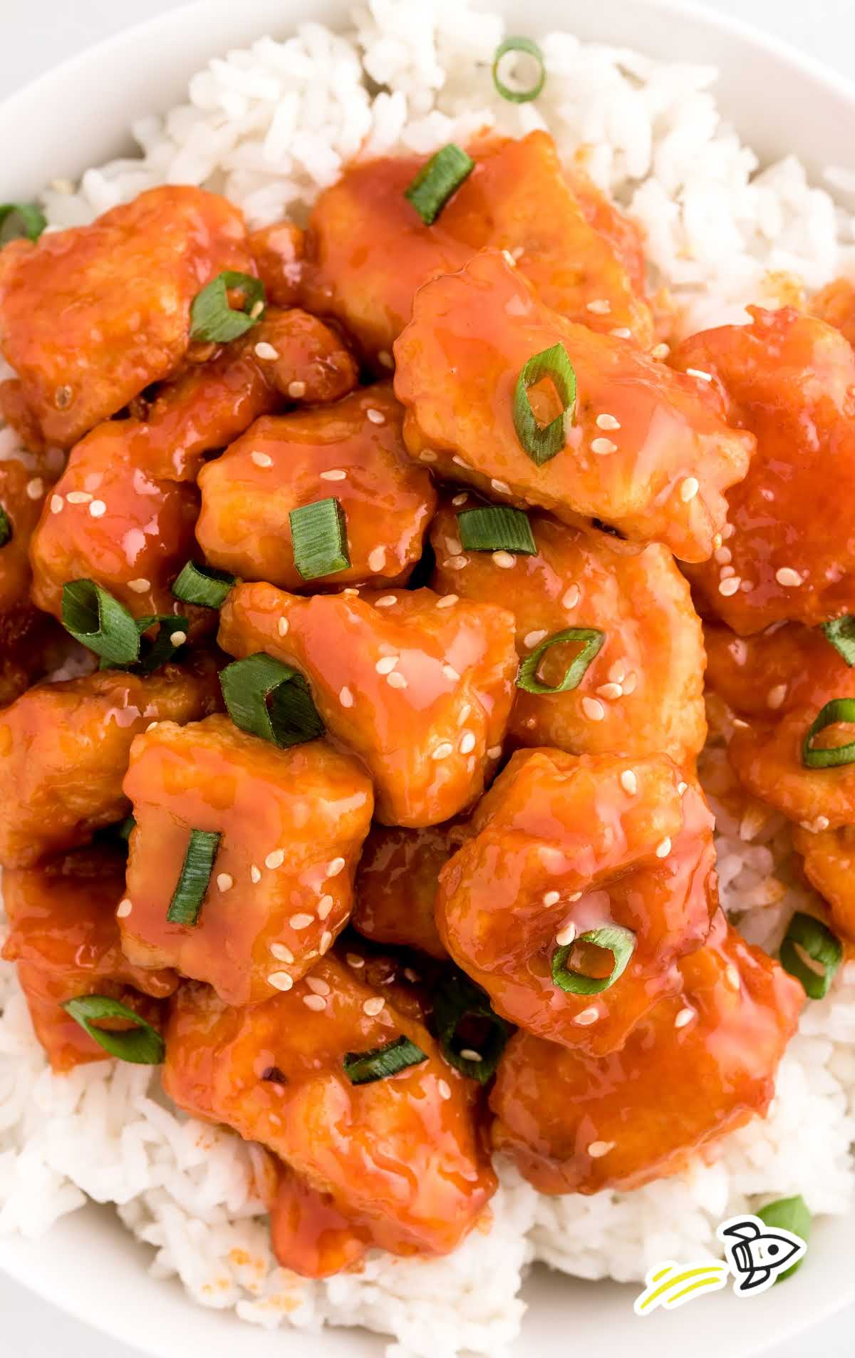 overhead shot of Firecracker Chicken with rice on a plate
