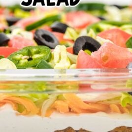 close up shot of Layered Taco Salad in a bowl