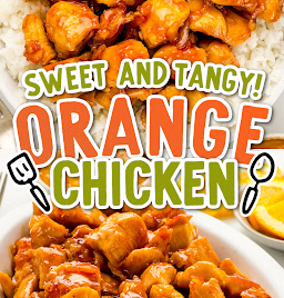 Platefuls of orange chicken in sauce.