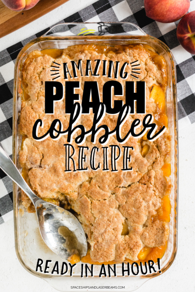 overhead shot of peach cobbler in a baking dish