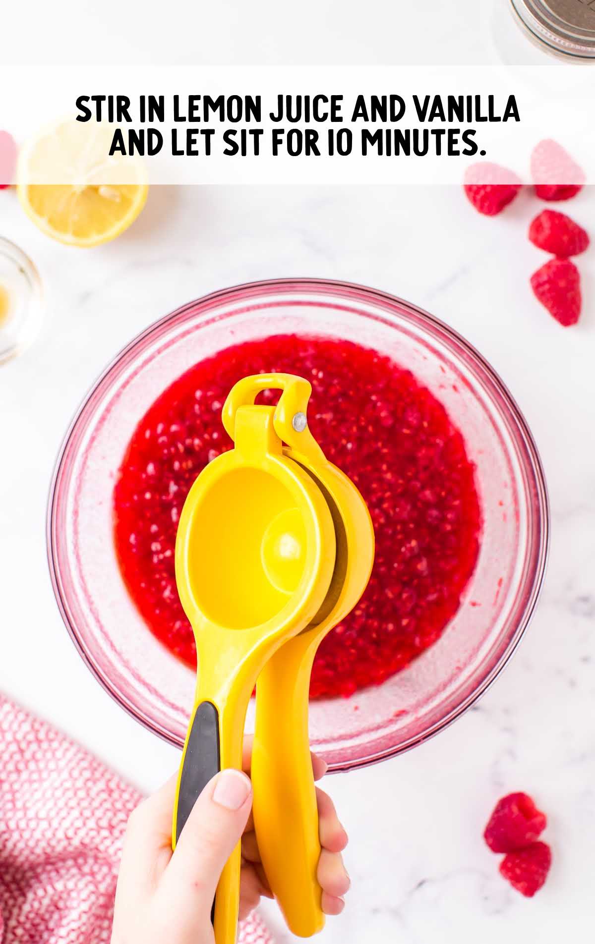 Raspberry Freezer Jam process shot of lemon juice and vanilla added to the bowl of raspberry mixture