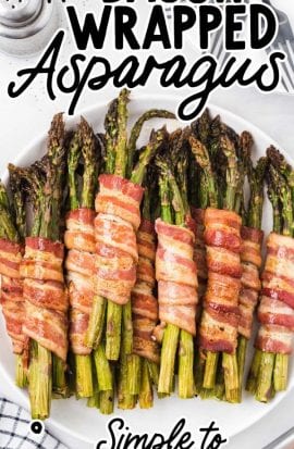 close up overhead shot of bacon wrapped asparagus on a plate