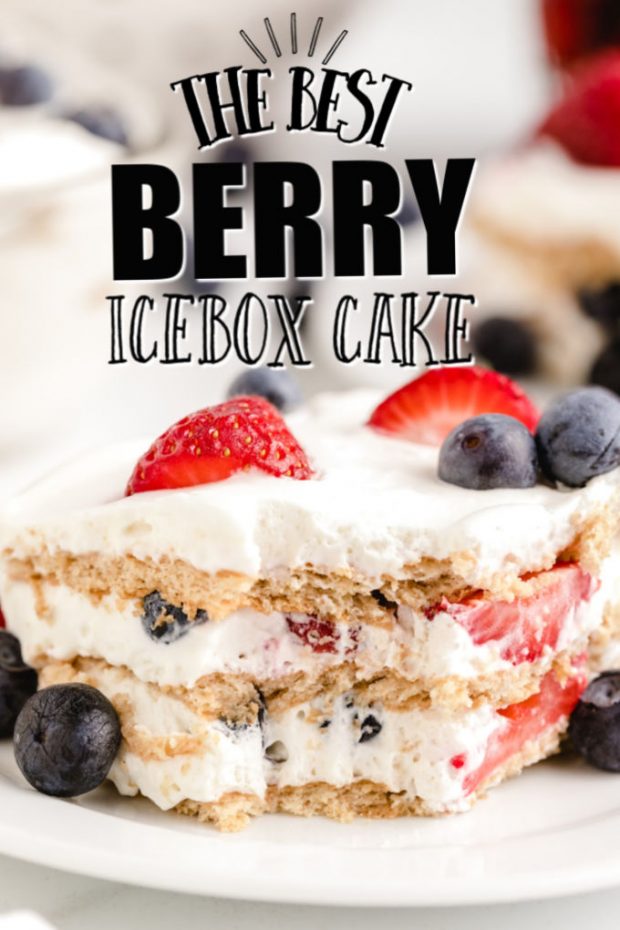 A piece of cake on a plate, with Berry and Icebox cake