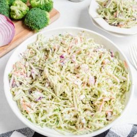 close up overhead shot of broccoli slaw in a bowl