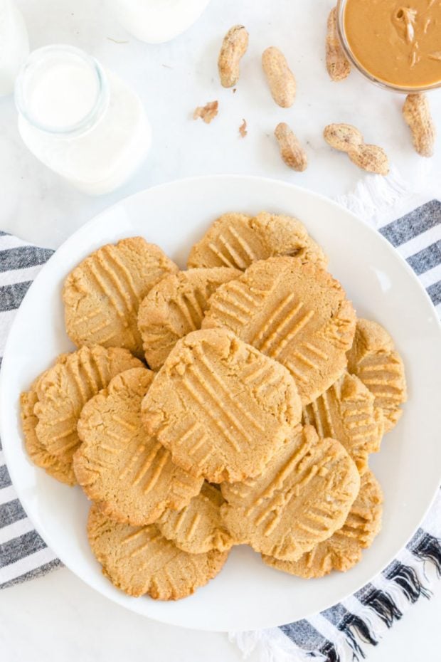 A plate of food on a table, with Cookie and Peanut butter