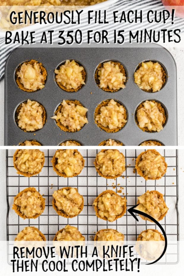 crust topped with the apple mixture in a cupcake pan then placed on top of a cooling rack