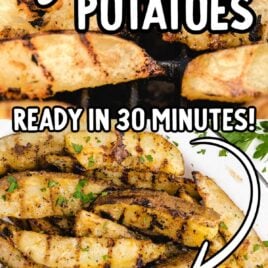 close up shot of Grilled Potatoes on a grill and close up shot of a plate of Grilled Potatoes garnished with parsley