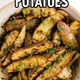 overhead shot of a pot of Grilled Potatoes garnished with parsley