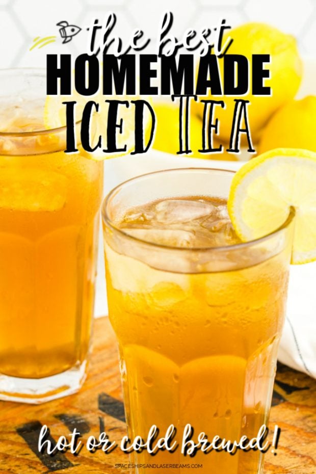 a glass of Iced Tea garnished with a slice of lemon