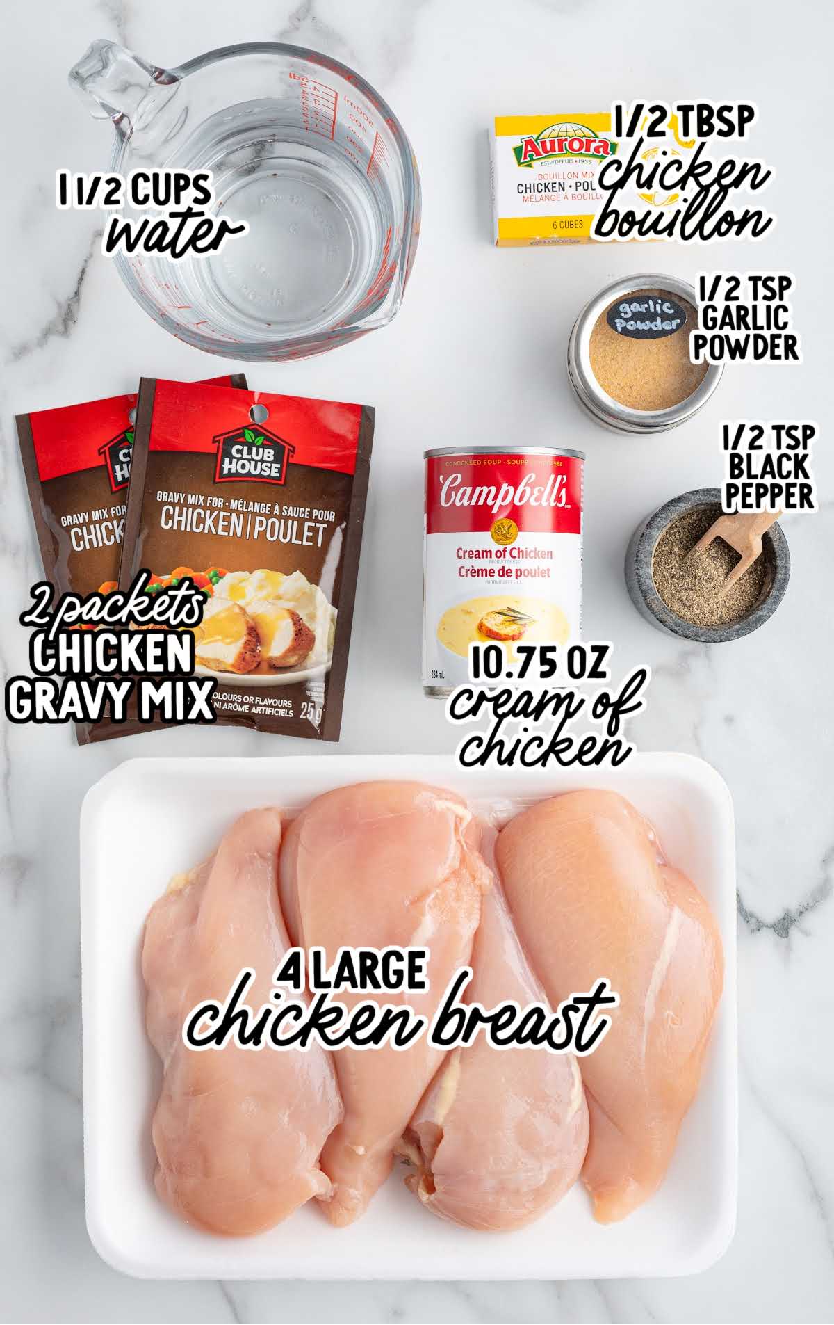 Labeled ingredients for crockpot chicken and gravy including chicken breasts, gravy mix, cream of chicken soup, spices, and water.