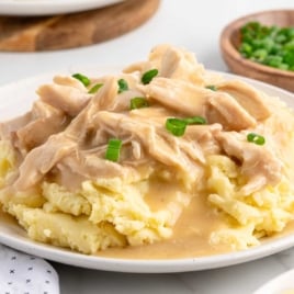 Serving of shredded crockpot chicken and gravy on mashed potatoes with a sprinkle of green onions.