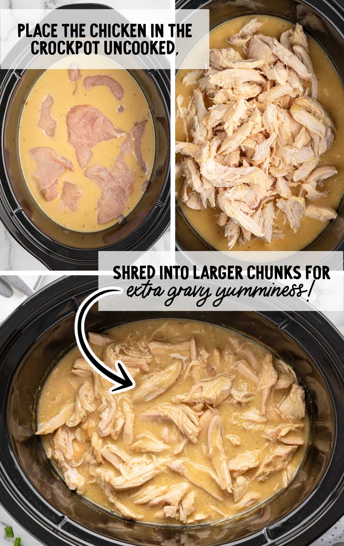 Step-by-step collage showing raw chicken in gravy in crockpot, shredded chicken being returned, and final cooked mixture.