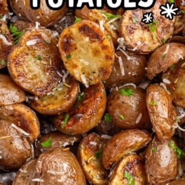 Crispy grilled potatoes close-up with parsley and cheese, labeled as a perfect BBQ side