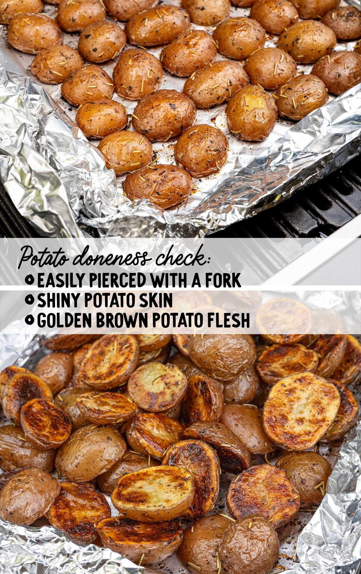 Grilled potatoes in foil on the grill with a doneness checklist highlighting golden skin and fork-tender texture