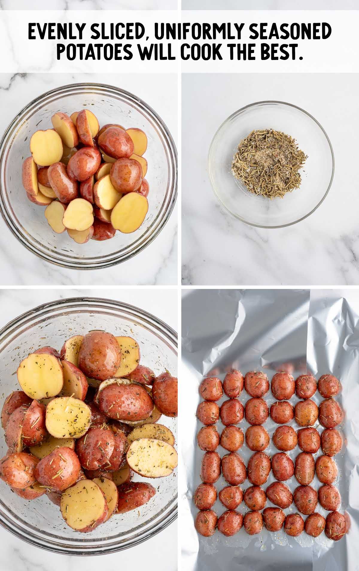 Step-by-step prep of grilled potatoes including slicing, seasoning, and arranging on foil for grilling