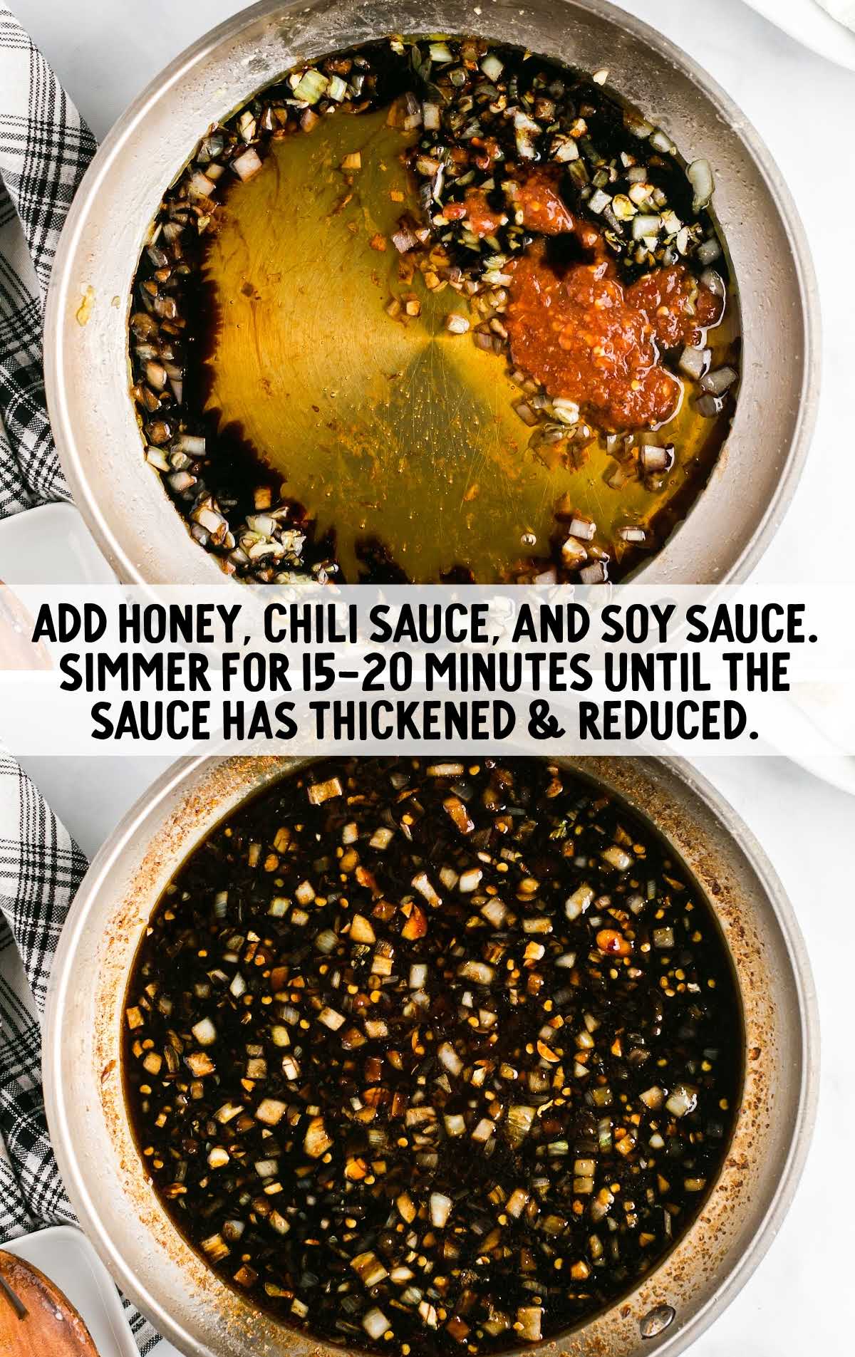 honey, chili sauce and soy sauce added to the onion mixture in a pan 