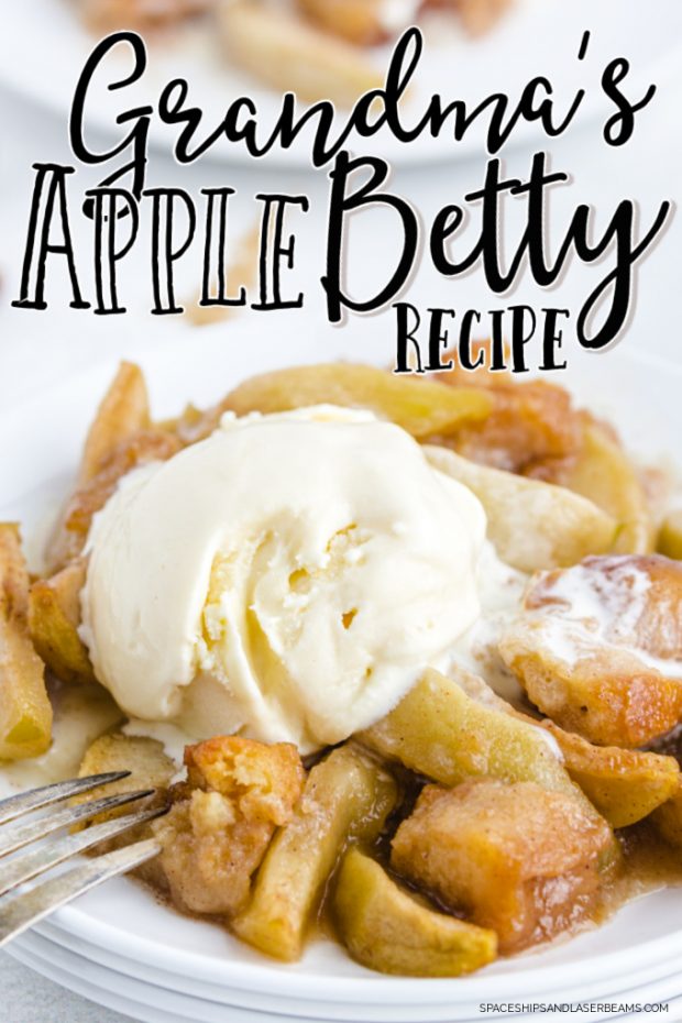 close up shot of grandma's apple betty with a scoop of ice cream on top served over a white plate